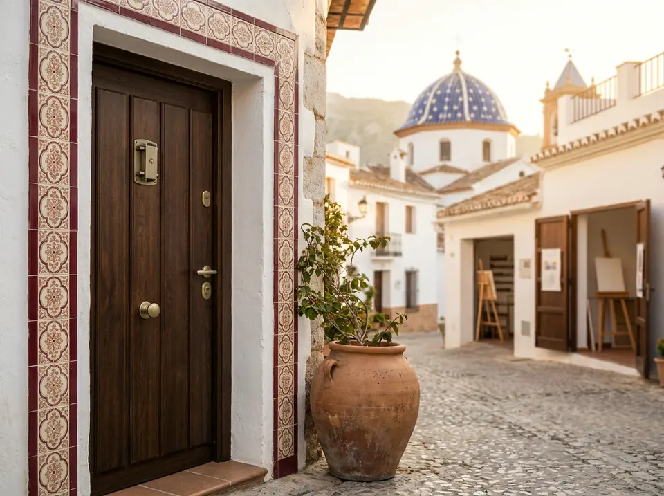 Puerta de entrada reforzada con cerradura de seguridad y marco de azulejos en una calle encalada