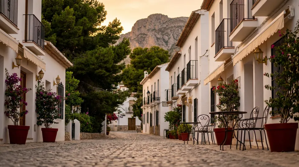 Calle empedrada de casas blancas con buganvillas y pinos, y una montaña rocosa al fondo