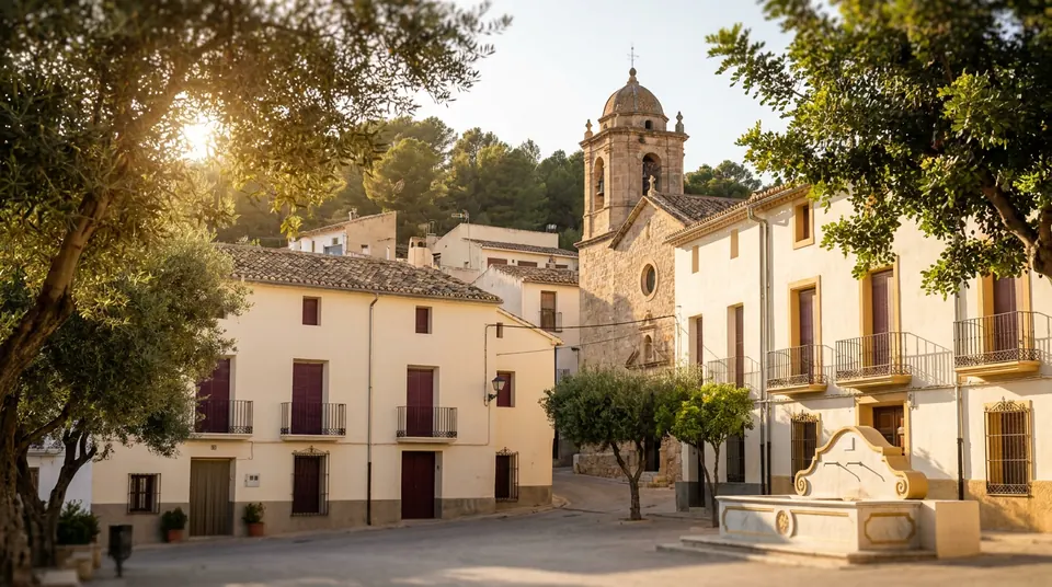 Plaza de un pueblo pequeño con el campanario de piedra de la iglesia, casas con contraventanas granates, olivos y una fuente