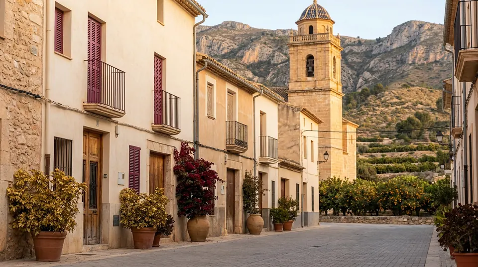 Calle de casas antiguas con el campanario de piedra de la iglesia y, al fondo, montañas y huertos en bancales