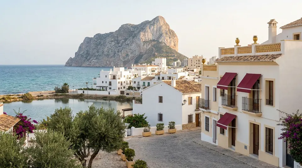 Ciudad costera con un gran peñón sobre el mar, edificios blancos y una laguna salada