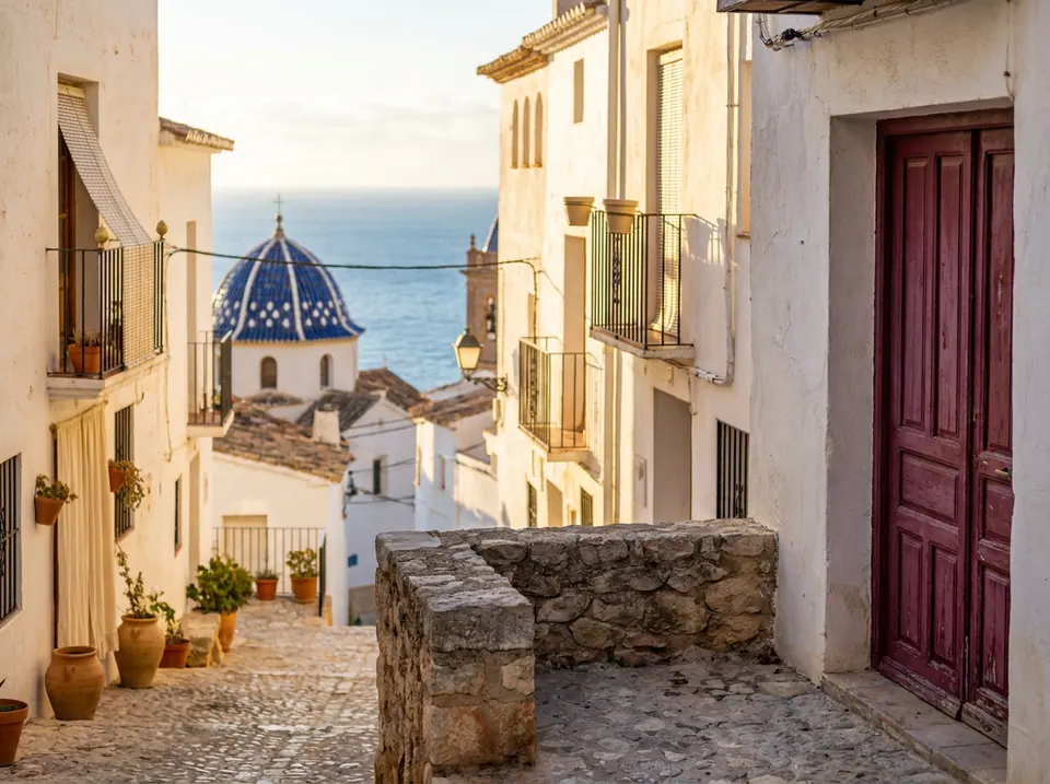 Calle empedrada y encalada de un casco antiguo, con una cúpula de tejas azules y blancas y el mar al fondo